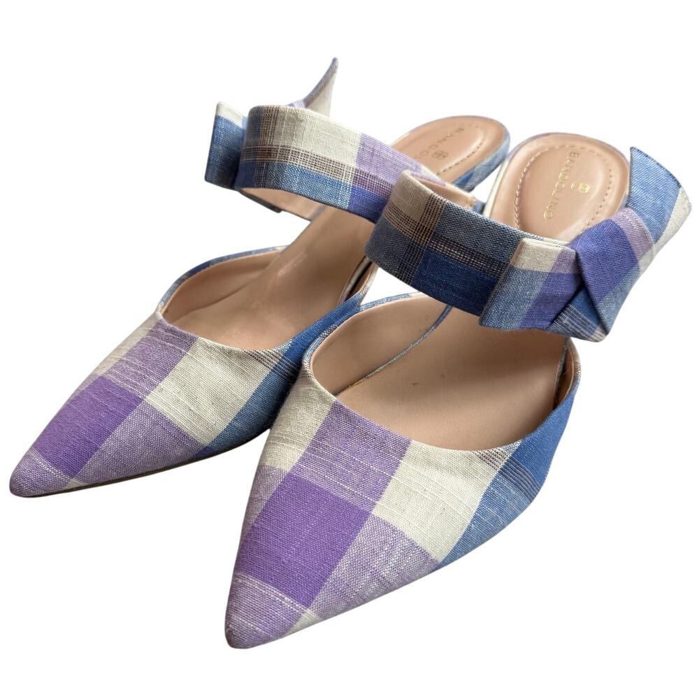 Bandolino Plaid Kitten Heel Slip On Pumps Women's 8M Blue Purple Pointed Toe